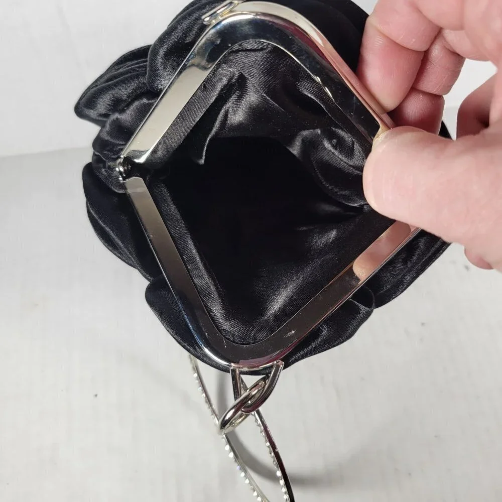Black Satin Rose Classic Elegant Rhinestone Silver Handle Triangle Clutch Purse